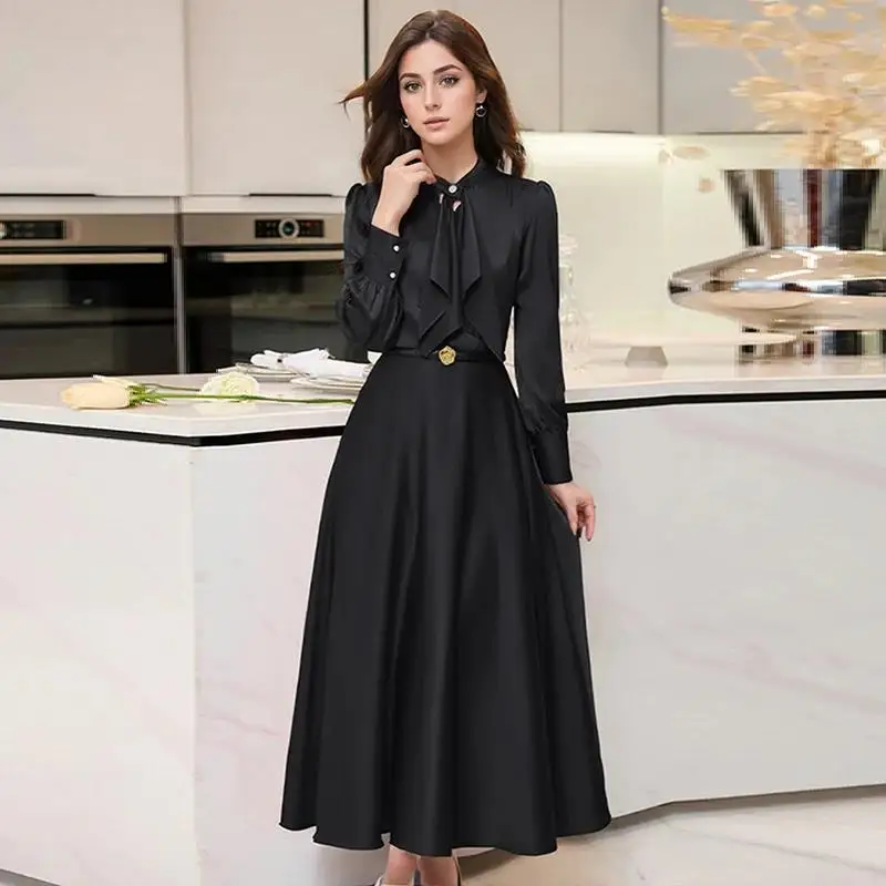 Spring 2024 Fashion Office Lady Aline Casual Dress Women\'s  Elegant Long Sleeve Midi Dress Green Black Vestidos Para Mujer