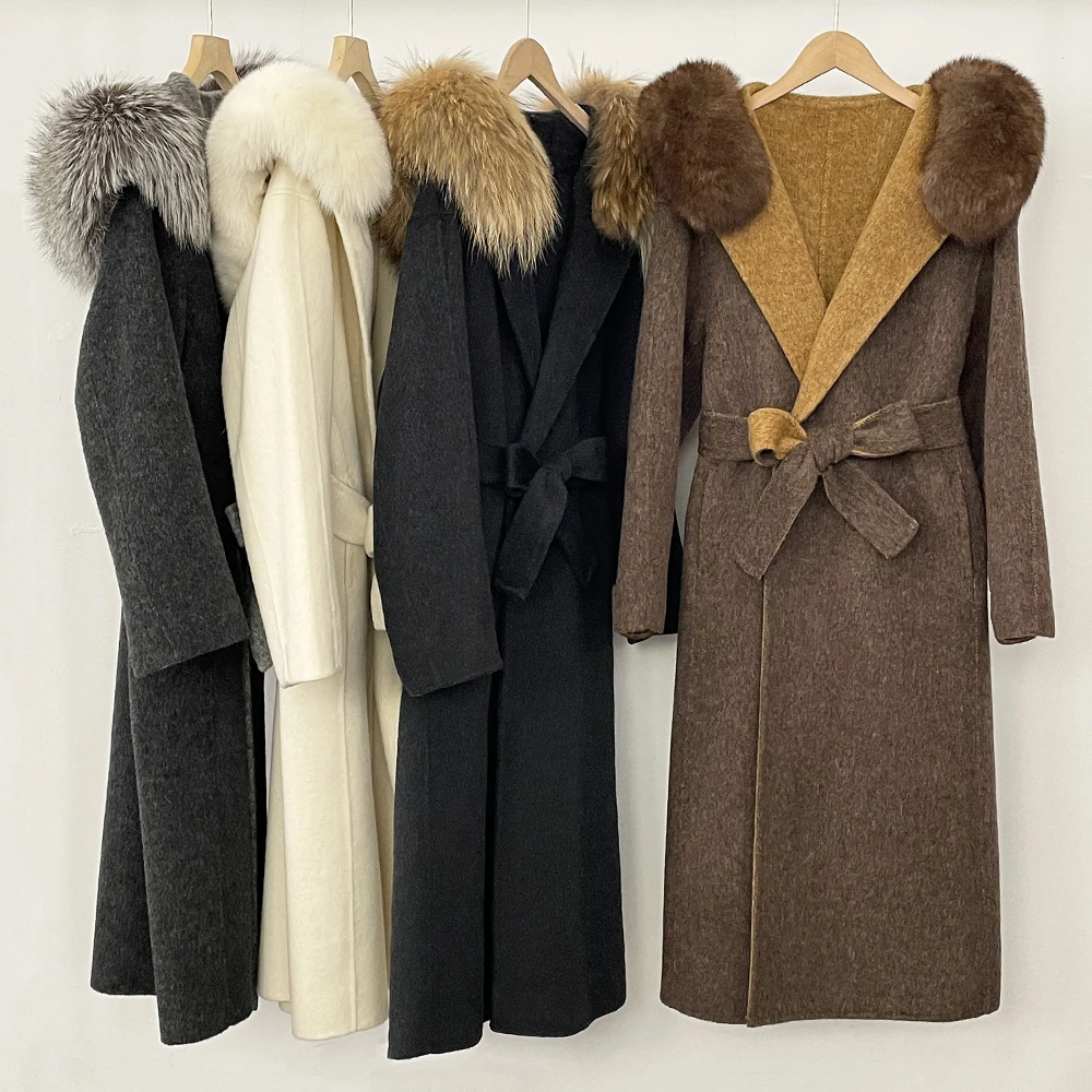 

Wool Jacket New Fur Jacket Women Fahsion Long Hooded Autumn Winter Clothes Female Belt Long Sleeves Real Fox Fur Coat Woolen
