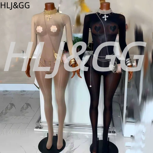 Imagen 2 del producto HLJ & GG-mono Sexy de malla transparente para mujer, monos ajustados de una pieza con cuello redondo, manga larga, elástico, para fiesta y discoteca