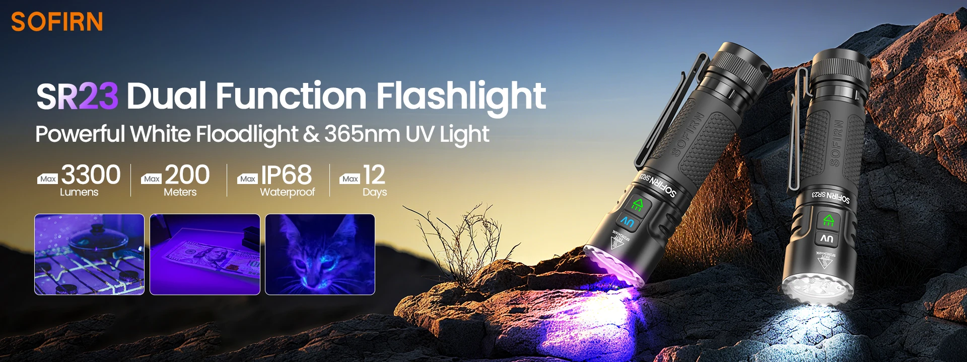 SOFIRN SR23 Taschenlampe EDC TN3535 3000LM 365nm UV SST08 USB-C 21700 Wiederaufladbare Leuchte mit Doppelschalter – Detail 1