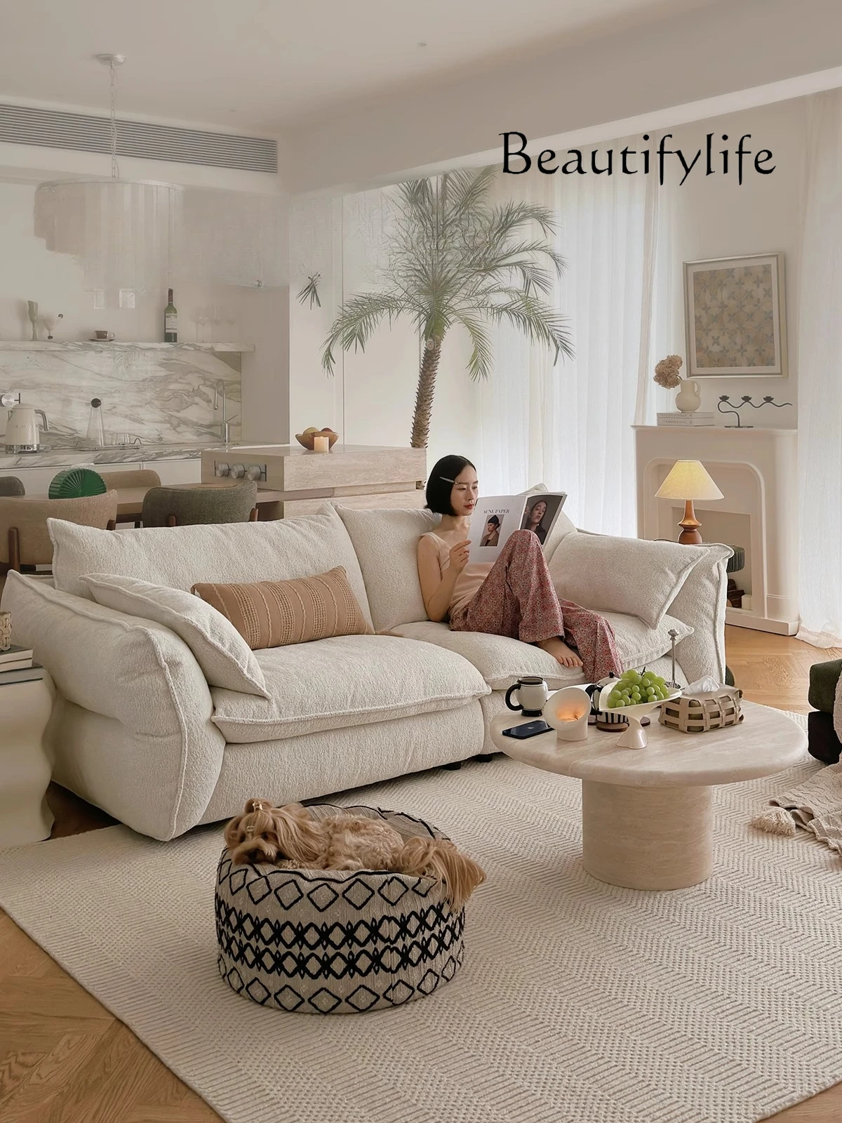 Sofa French retro cream style living room fabric straight row sofa designer down sofa