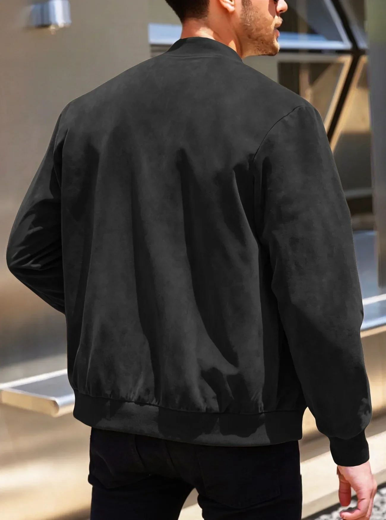 Herren-Wildlederjacke mit durchgehendem Reißverschluss, Stehkragen, lässig, langärmelig, einfarbig, leichte Streetwear-Oberbekleidung – Detail 6