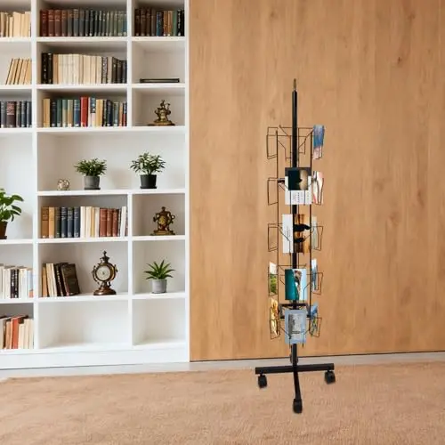20 Pockets Rotating Greeting Card Rack, 5 Tier Magazine Display Stand, Card Pocket Holder with Wheels for Postcards