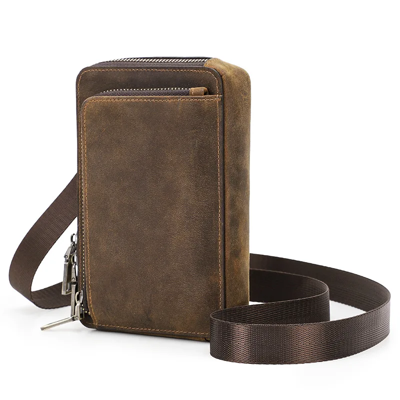 

Retro Crazy Horse Leather Phone Bag Outdoor Portable Shoulder Crossover Multi Functional Waist Large Screen Phone Storage Bag