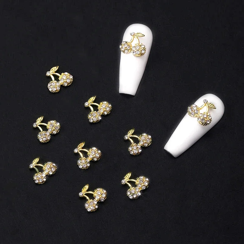 10Pcs 3D Goud Zilver Cherry Nail Charmes Luxe Legering Glanzend Rhinestone Nail Onderdelen Diy Nail Art Decoratie Accessoires