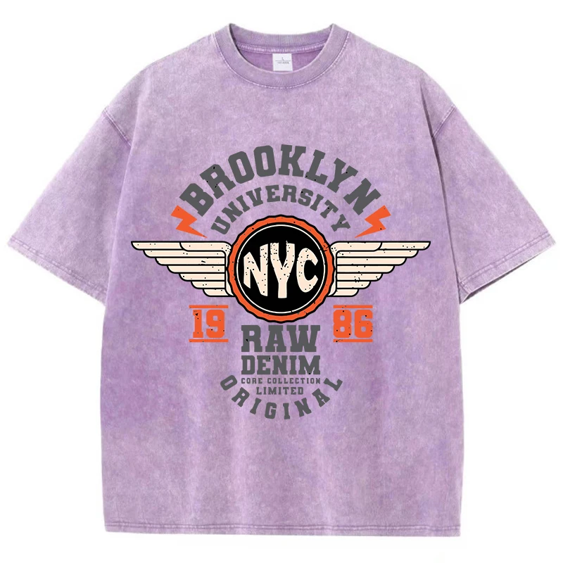 Brooklyn University Nyc Washed T Shirts Women Letter Prints Cotton T-Shirt Distressed Oversize O-Neck Tops Summer Woman Clothes