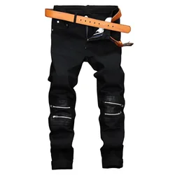 New Men's Leather Zippered Knee-Length Decorated Jeans Black Stretch Straight Slim Fit Casual Trendy Denim Trousers Male