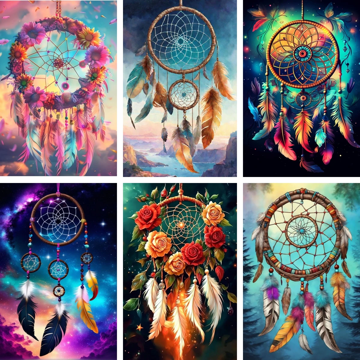 

Полная квадратная/круглая алмазная живопись, мозаика, яркая красочная Ловец снов, художественная картина в этническом стиле, богемное перо, домашний декор