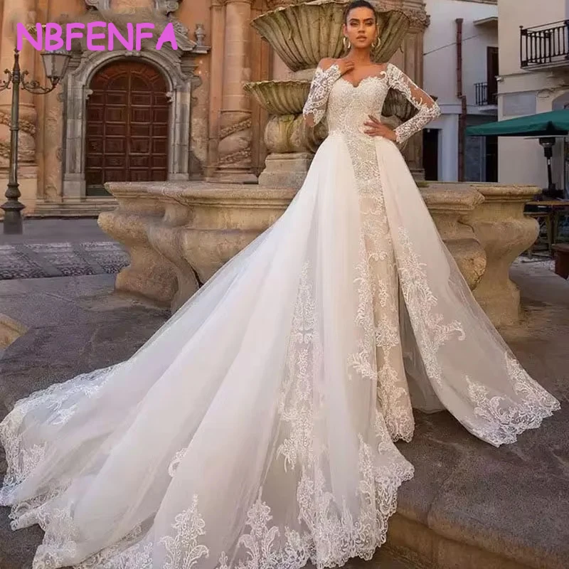 NBFENFA Luxury Sexy White Embroidered Lace Trailinng Bride Wedding Dress Long Sleeves Women Elegant Evening Prom Party Dresses