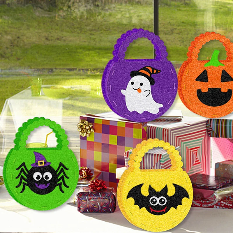 Halloween Candy Bags Cute Pumpkin Bat Ghost Pattern Tote Bags Lightweight Felt Handbag for Kids