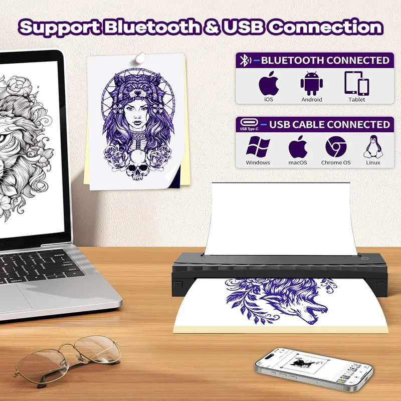 Portable Tattoo Printer Bluetooth Tattoo Stencil Printer HD Document A4 Thermal Printer Compatible with Android iPhone PC