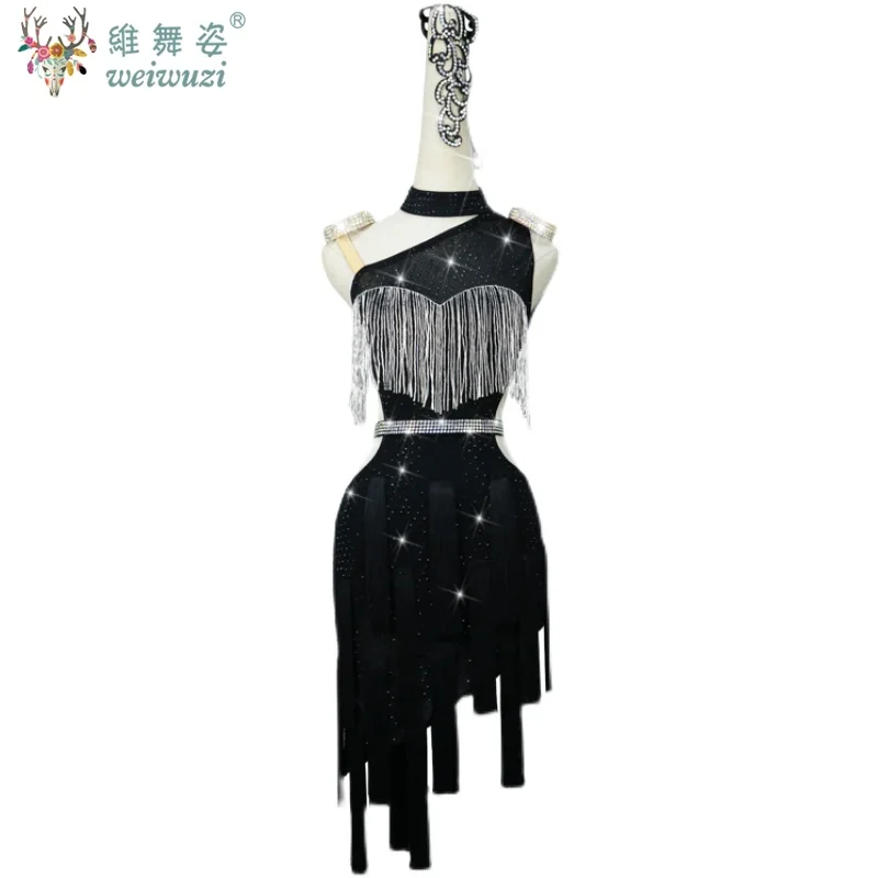 Costume professionnel de danse latine pour femmes, robe à franges avec pierres AB personnalisées pour adultes, vêtements de spectacle Tango Samba Rumba