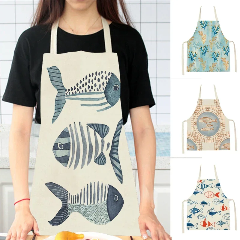 Sea Animal Cute Fish Starfish Kitchen Apron Cooking Linen Aprons Home Men Women Baking Accessories Aprons Delantal Cocina