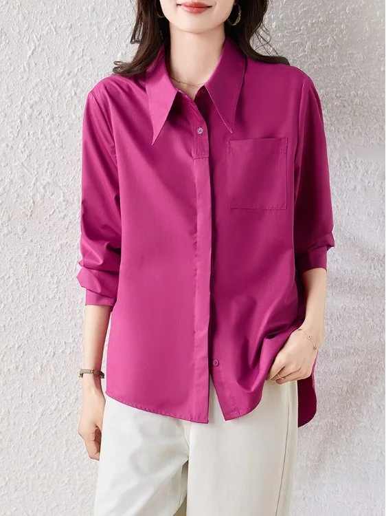 

Simple Sli Long Sve Single Button ket irt Women's plus Size Base Layer Top Quali Spring Faion Casual irt