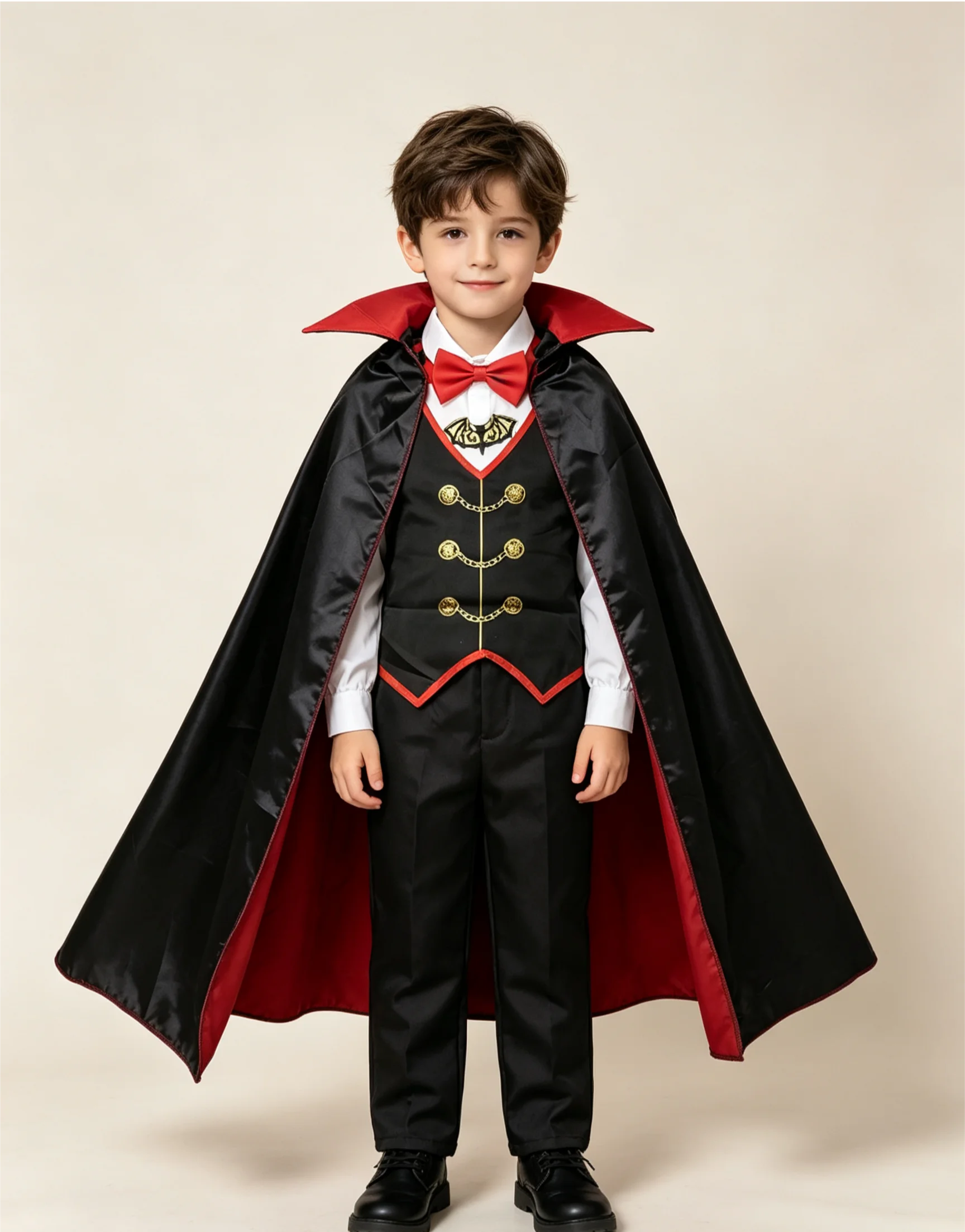 Image of Kinder-Vampir-Outfit mit Umhang, Schwarzes und Rotes Kinderkostüm mit Fliege