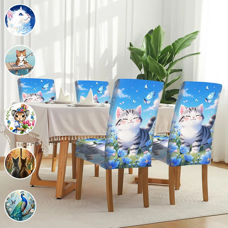 

Elastic printed dining chair cover, beautiful healing kitten pattern, removable and washable non-slip dining chair cover