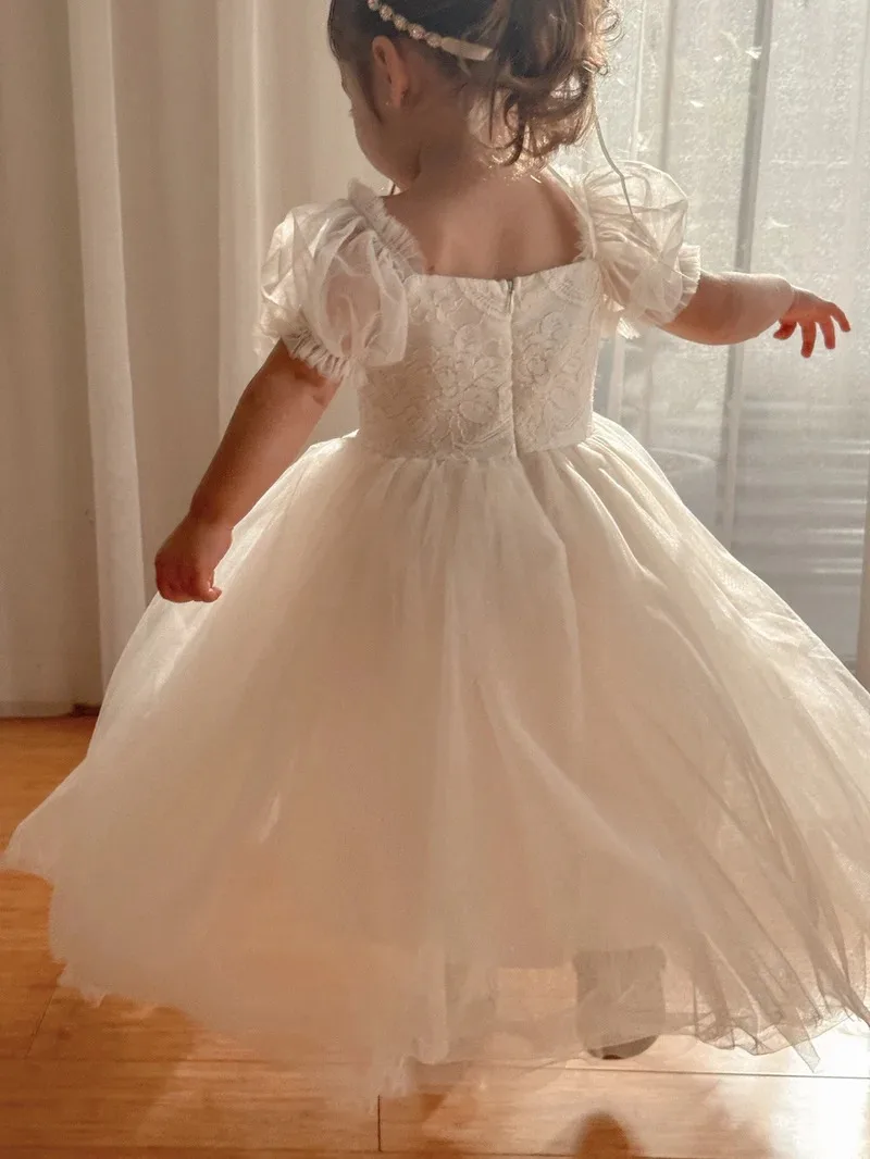 New children's lace flower girl dress, puff sleeve wedding dress, girl's performance dress, one-year wedding flower girl dress