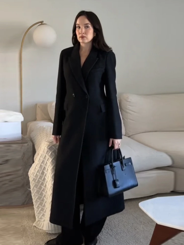 Elegant Lapel Black Woolen Long Coat Women Casual Long Sleeve Single Breasted Slim Overcoat Female 2025 All-match Outwear Lady