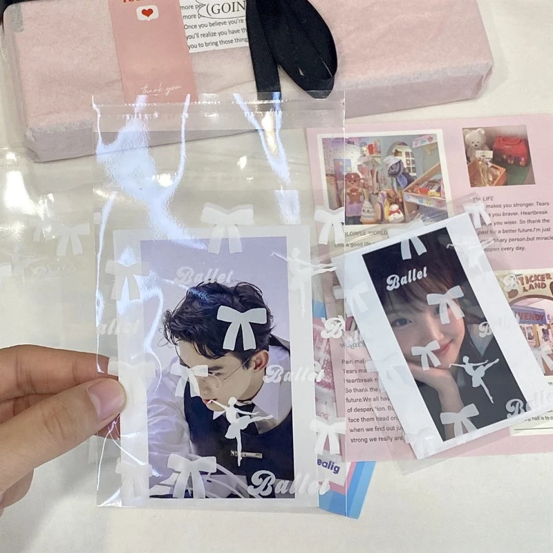 50PCS Korean Ins Ballet Style White Bow Transparent OPP Bag Kpop Star 3 Inch Photo Card Packing Material Kawaii Girl Gift Bag