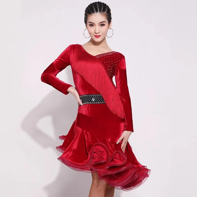 大人女性用ベルベットタッセルダイヤモンドプロフェッショナルナショナルスタンダードダンスドレスソーシャルルンバチャチャダンスウェアパフォーマンスコスチューム