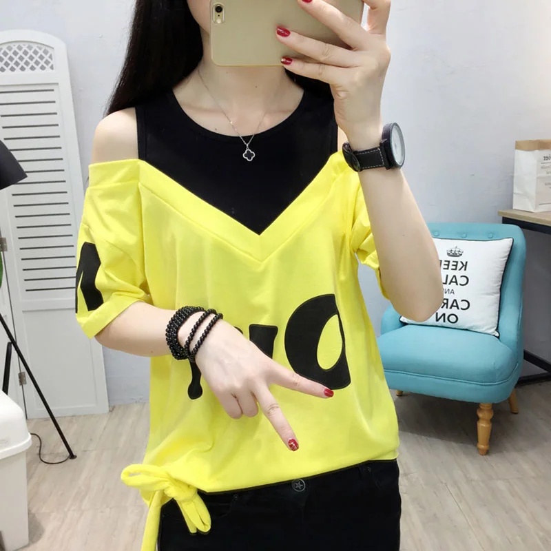 2024 Summer Korean Short-sleeved T-shirt Women\'s O- Neck Cotton T-shirt Fake Two-piece Loose Letter Shoulder Drop Strap Top