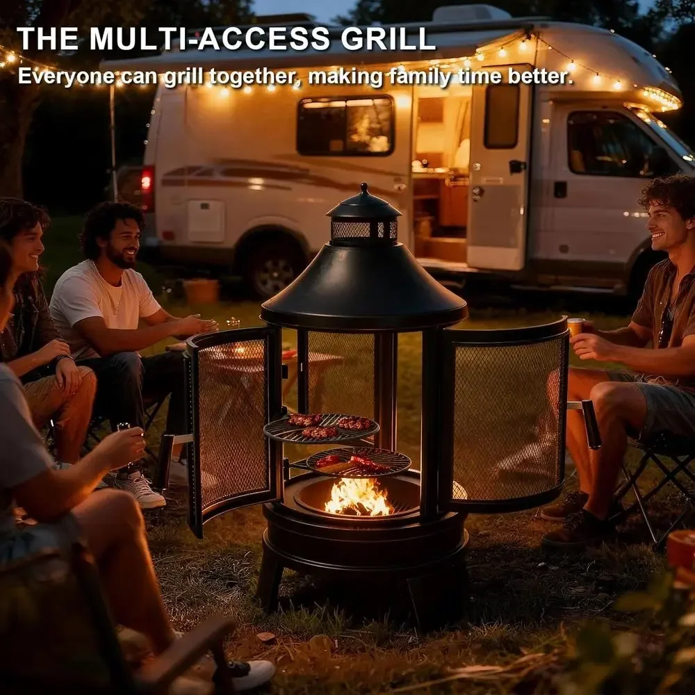 2-in-1 Outdoor Fire Pit with Adjustable Grill and Mesh Spark Screen for Patio and Garden