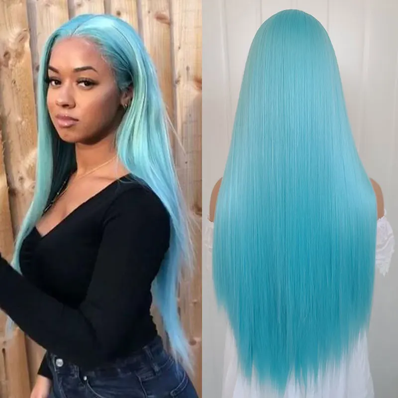 Wig rambut lurus biru muda sintetis 13x4 renda depan kualitas tinggi rambut serat tahan panas gratis belahan untuk Wig wanita hitam