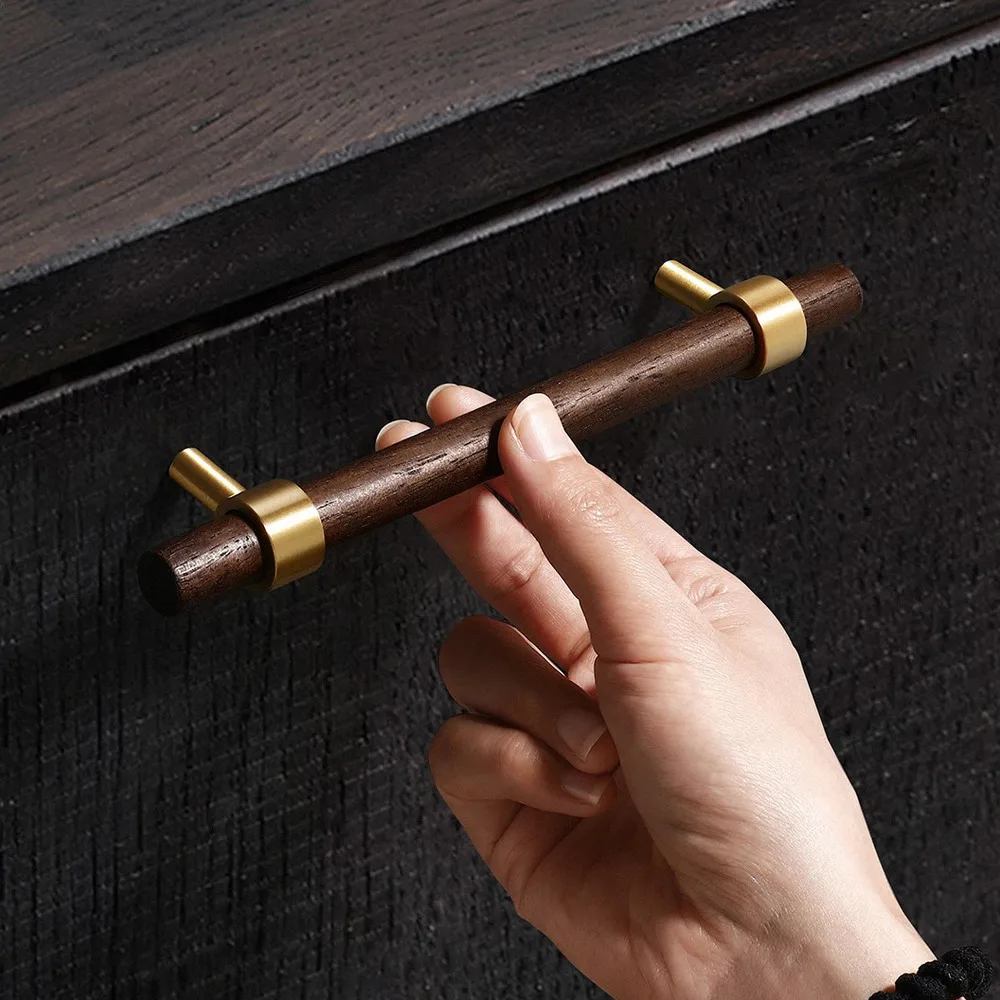 North American Black Walnut Color Furniture Accessories Brass Door Pulls Solid Wooden Knobs T-bar Kitchen Cabinet Wood Handle