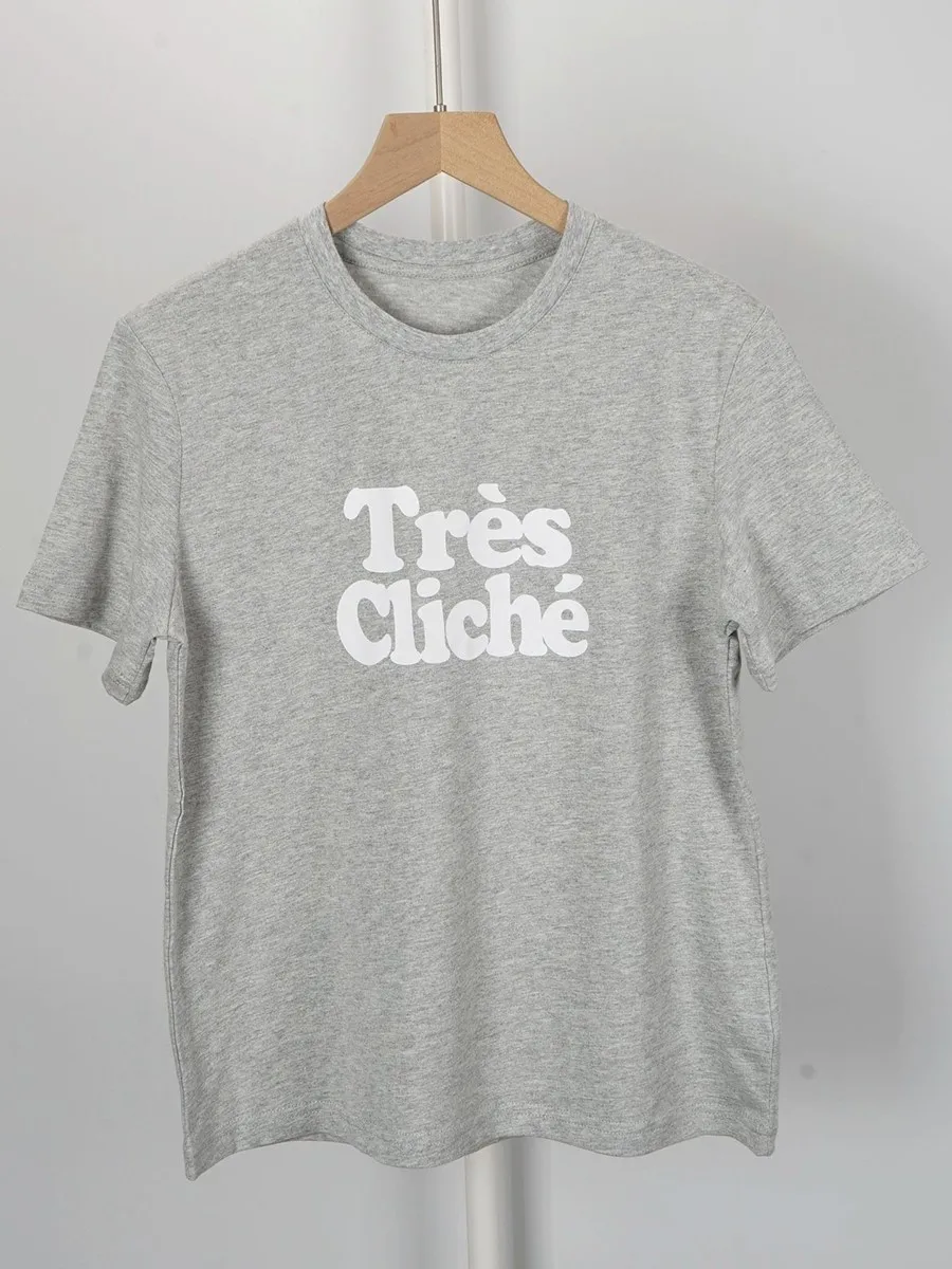 French Letters Printed T-shirt Round Neck Short Sleeve All-match Chic Tees Tops Summer Clothing 2024 New Casual Fashion T-shirts image 3