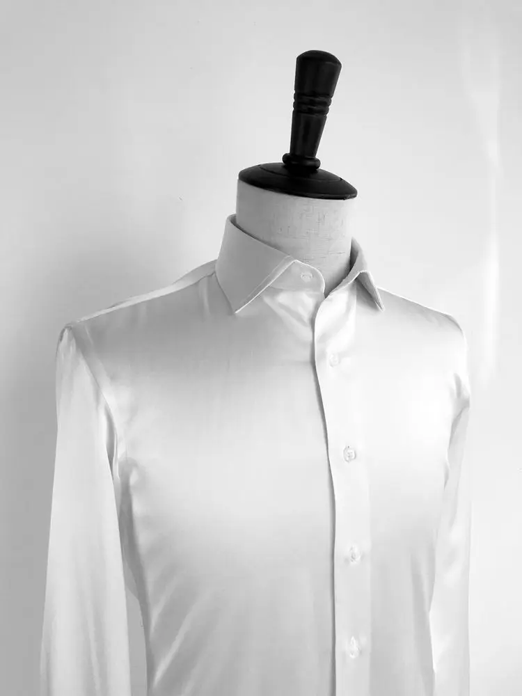 Custom Made White Pure Silk Long Sleeve Mens Dress Shirt Casual Long Sleeve Men Slim Fit Shirts