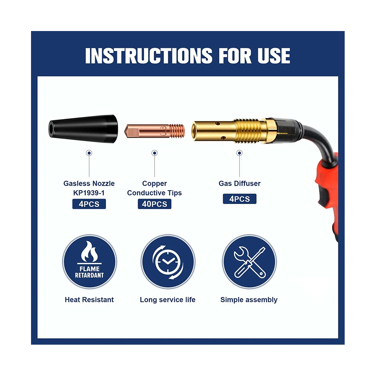 48Pcs Flux Core Gasless Nozzle Tips Kit KP1939-1 Flux Welder Contact Tips Gasless Nozzle Gas Diffusers(0.030inch(0.8mm))