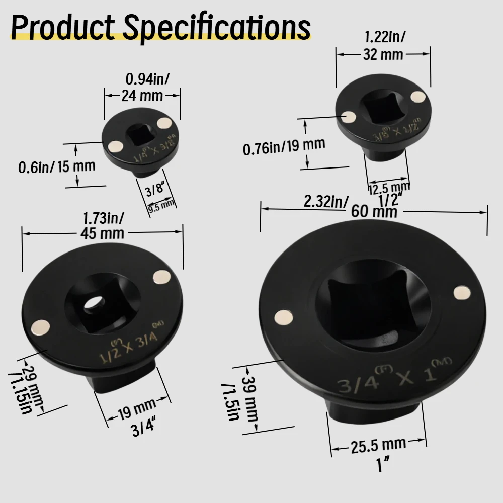 Flaches Schlag-Nuss-Adapter-Set 4-teilig für Schlagschrauber, Ratschenadapter 3/4 auf 1, 1/2 auf 3/4, 1/2 auf 3/8, 1/4 auf 3/8 – Detail 6