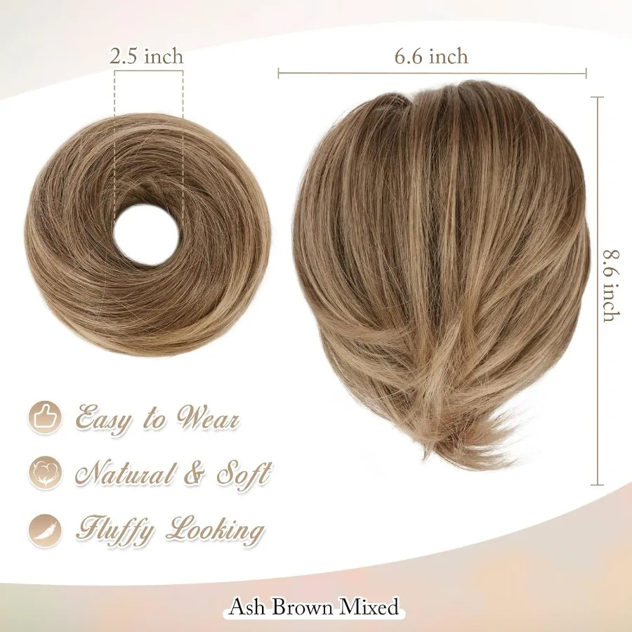 وصلات كعكة الشعر البني للنساء وصلات كعكة شعر صناعية قصيرة مستقيمة بالكامل على شكل ذيل حصان مع كعكة شعر فوضوية مرنة Scr