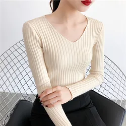 Jesień Zima Dzianinowe Swetry Damskie V Szyja Casualowy Długi Rękaw Pulower Miękki Ciepły Sweter Femme Moda Podstawowy Solidny Jersey Tops