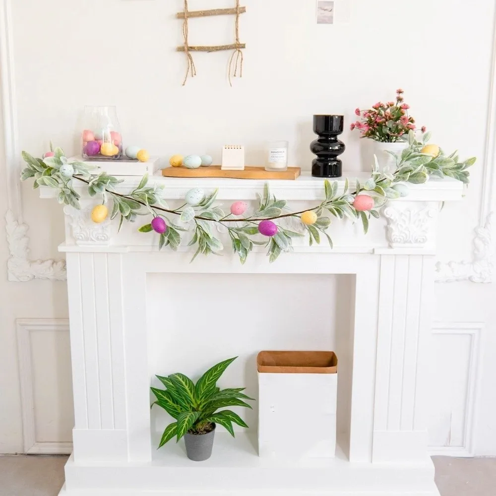 

Colorful Easter Egg Garland with Green Leaves Plastic Artificial Garland Vine Lifelike Speckled Eggs Egg Vine String Fireplace