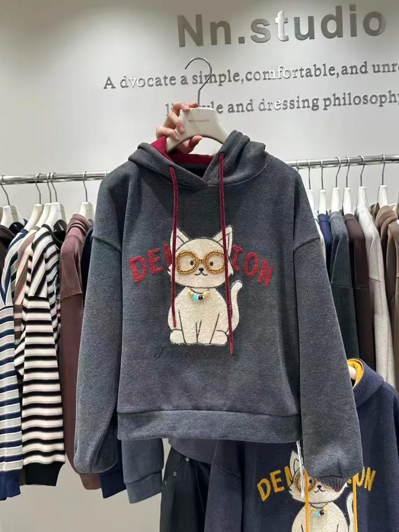 متعة لطيف القط هوديي تصميم صوف مبطن سميكة البلوز المرأة الشتاء الشباب فضفاض التخسيس طويلة الأكمام هوديس معطف #3