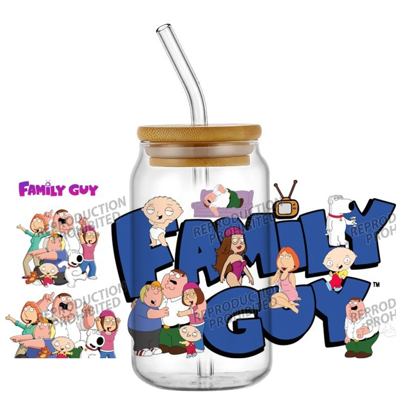 

Miniso family guy pattern UV DTF Cup Wrap For 16oz Libbey Beer Glass Can DIY transfer Sticker Cartoon Selfadhesive Washable