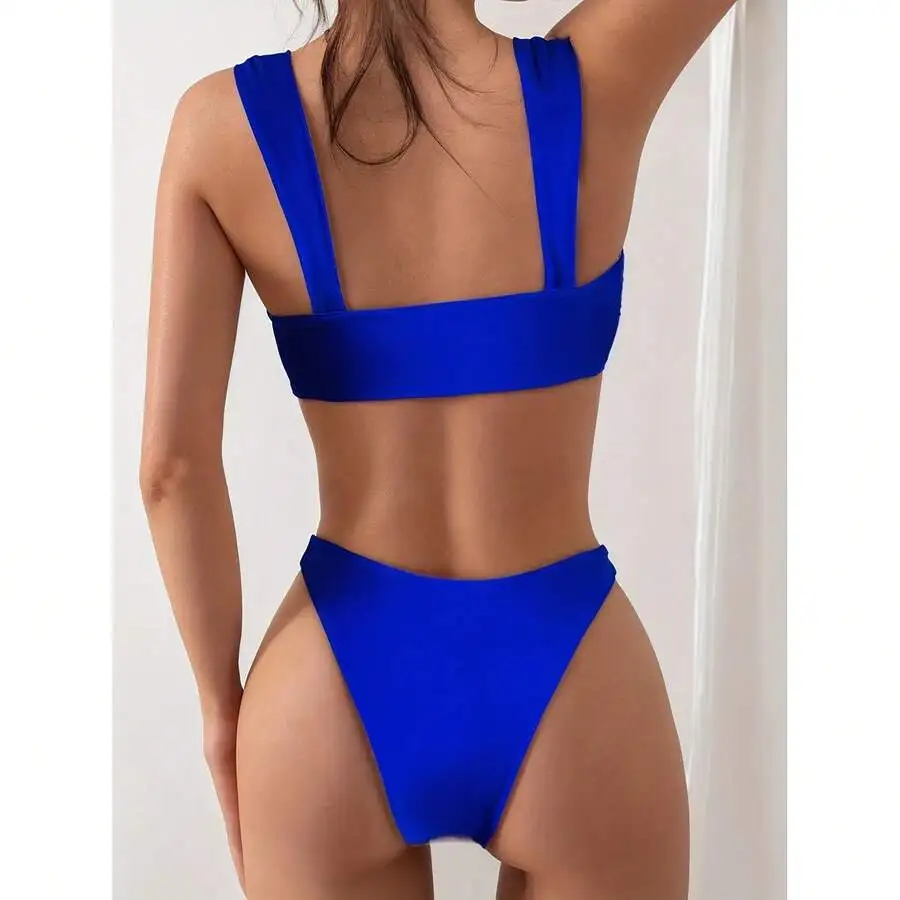 

Blue Two Piece Bikini Set For Women Wide Strap High Cut Swimsuit Quick Dry