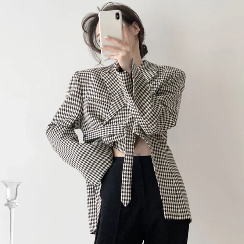 Blazer à carreaux irrégulier vintage pour femmes, veste imbibée de pied-de-poule, manteau court sexy, vêtements d'extérieur élégants pour dames de bureau, mode coréenne, printemps