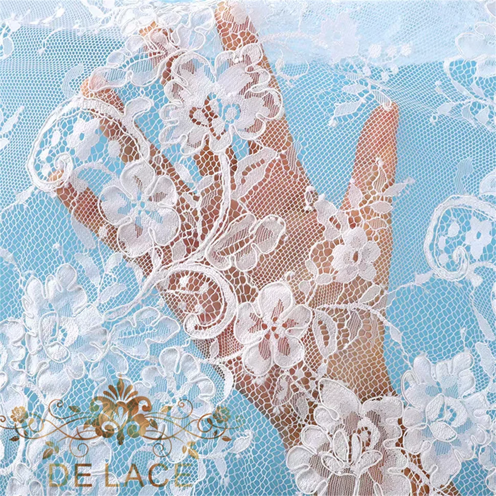 Chantilly Floristic Lace With Cords Vintage Floral Embroidered French Corded Lace Wedding Dress Eyelash Lace Fabric