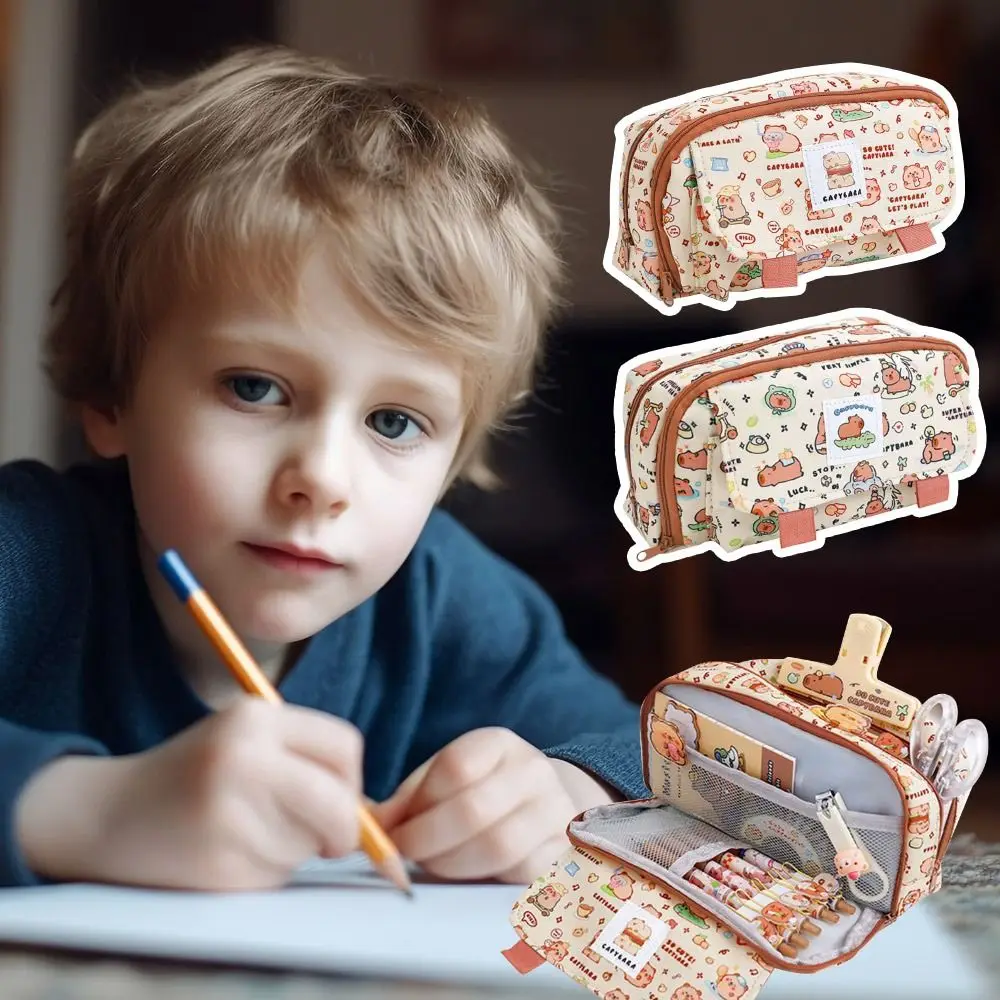 Cartoon Print Capybara Pencil Case Large Capacity Flip Over Stationery Storage Pouch Four-layer for Office School Supplies