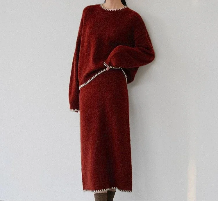 بدلة غير رسمية على الموضة لخريف وشتاء 2025 منتج جديد بلون سادة ورقبة مستديرة وحافة متباينة مجموعة تنورة محبوكة #3