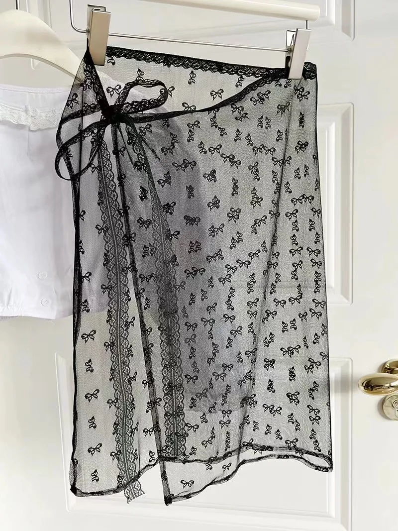Korean Fashion Lace Irregular Skirt Curtain White Flowers Lace Mesh Halfbody Skirt Women Summer Bottoms Jeans Decorative Hemline