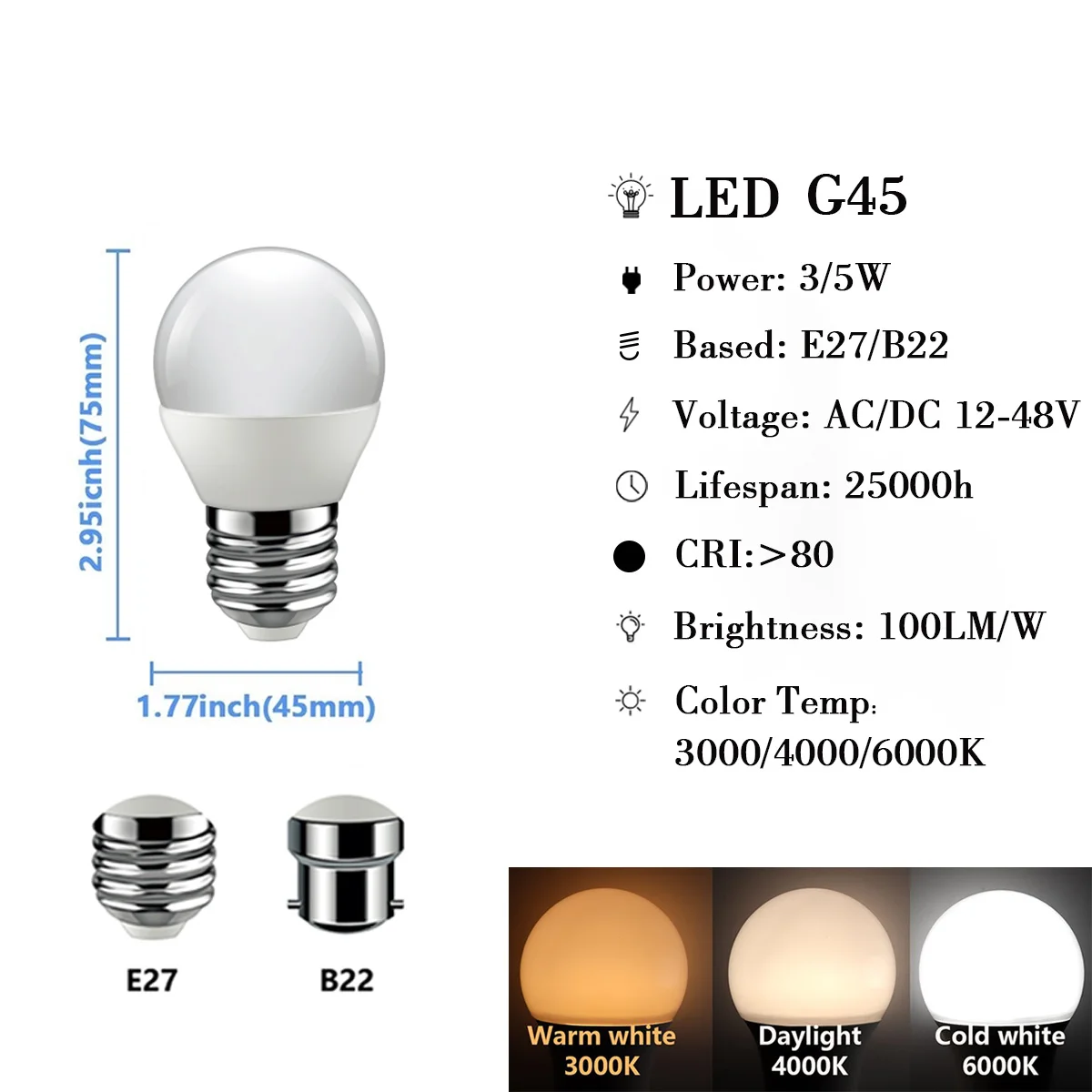 Bombilla LED de bajo voltaje G45, CA/CC, 12V-48V, E27, B22, luz blanca cálida superbrillante, 3W, 5W, para energía solar, iluminación de cargador de