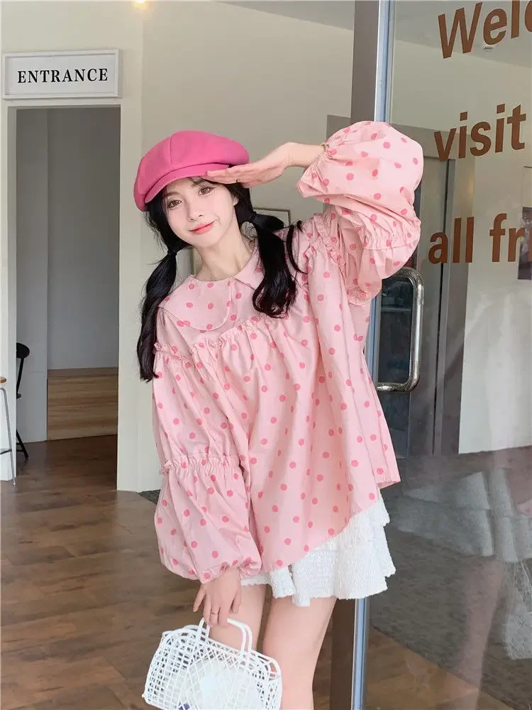 Gagarich Fashion Korean Style Sweet Polka Dot Loose Long Sleeved Shirt Women Spring 2024 New Cute Bow Doll Neck Top Blouse