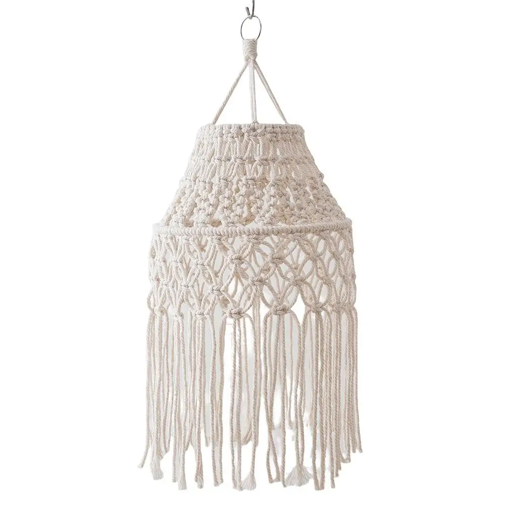 Macrame Lampshade Hand Knitted Light Shade Nordic Tassel Chandelier Cover Beige for Cafe Hallway Restaurant Dorm Room Nursery