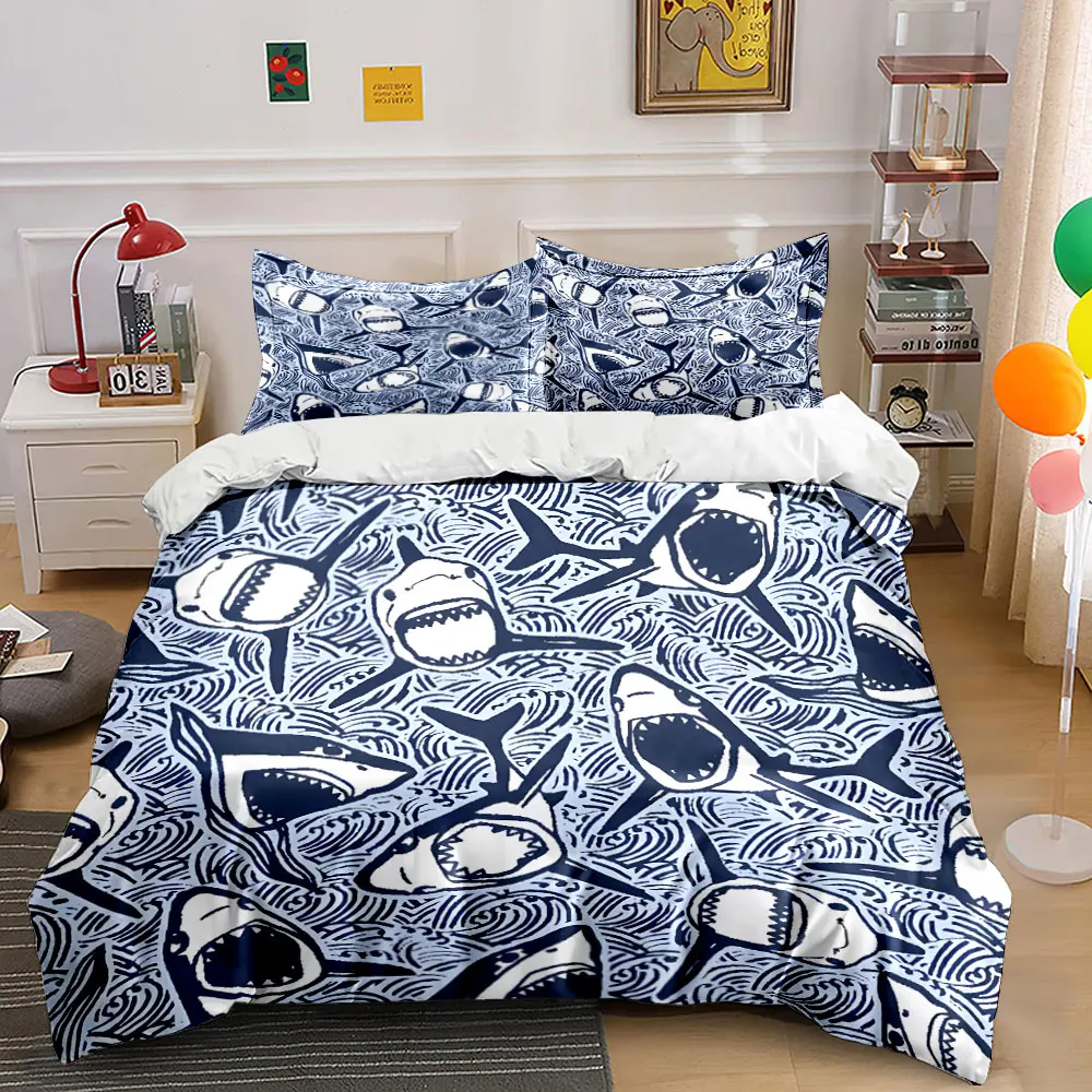 Shark Print Decor Set Bedding Set with 1 Duvet Cover 2 Pillowcases Single Double King Queen, Gift