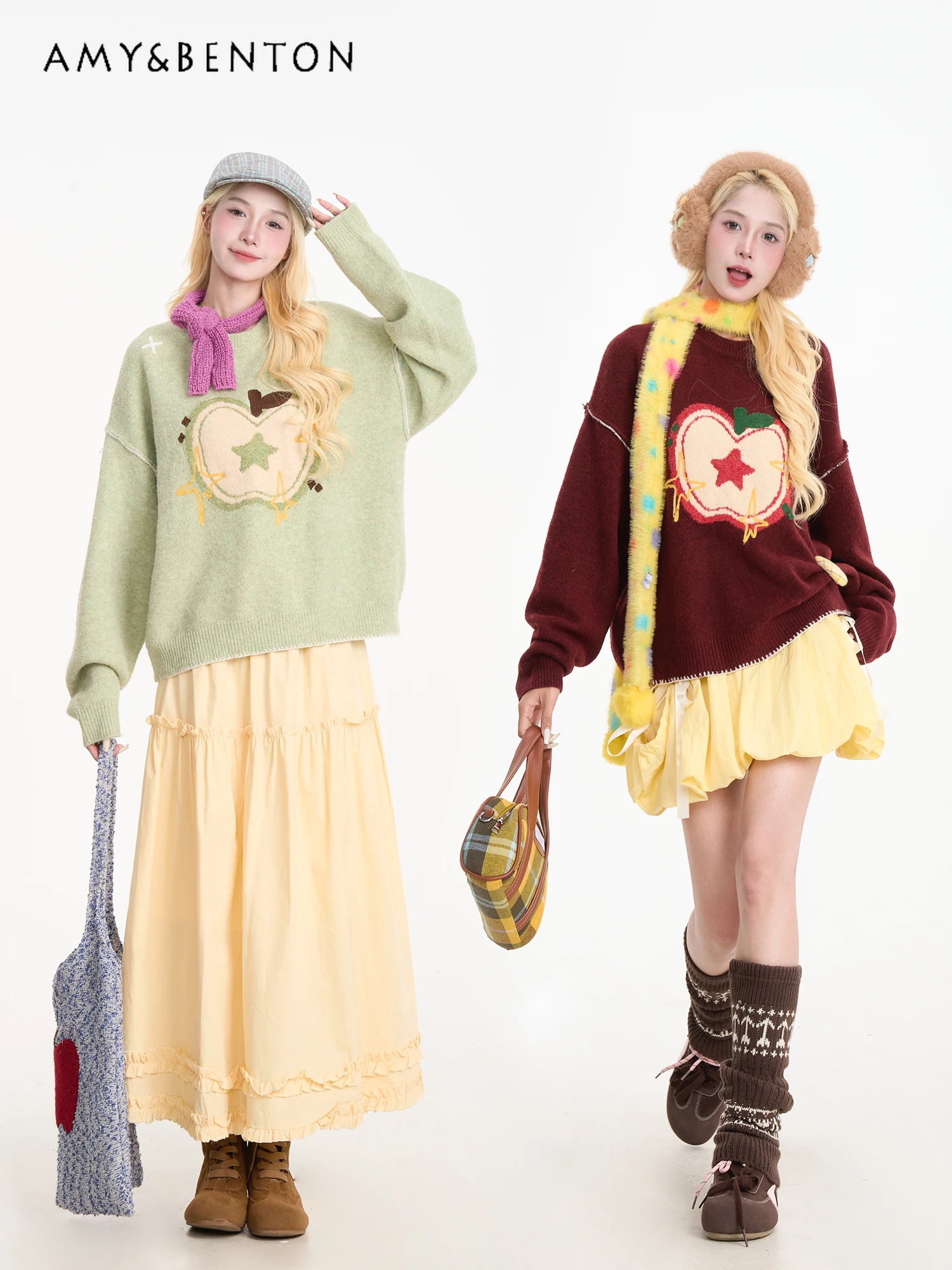 

Осень-зима 2025 г., новый жаккардовый красный свитер с круглым вырезом Apple, женский свободный повседневный теплый зеленый вязаный свитер с длинными рукавами