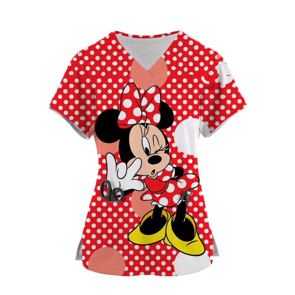 

Disney Mickey Mouse Print T-shirts Women's Work Uniform Cute Minnie V-Neck Short Sleeve T-shirt Tops With Pocket Nurse Uniform