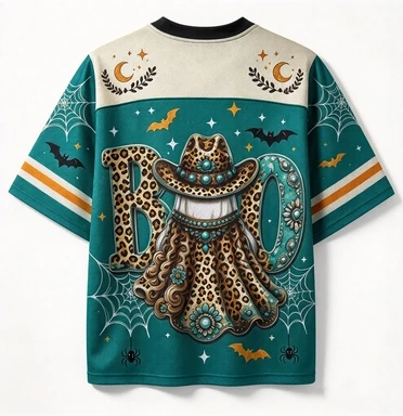 Halloween Denim Style T-shirt with Ghost and Leopard Print Pumpkin Pattern, Witch Night Party Costume